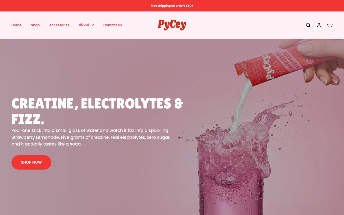 PyCey home page: a creatine drink pouring into a glass